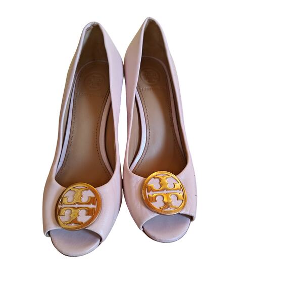 Tory Burch Pink Leather Wedge Peeptoe Heels Gold Logo Size 5M - Picture 2 of 5